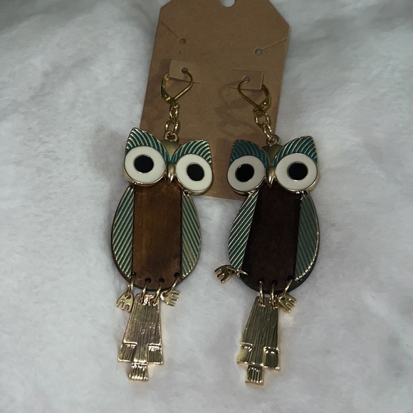 Owl wooden gold and teal handmade earrings, 18k gold plated leverback earrings - Picture 4 of 9